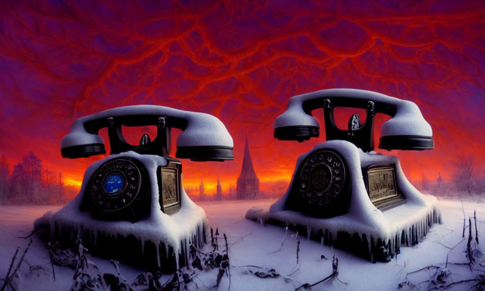 Vintage telephones in snowy surreal winter landscape