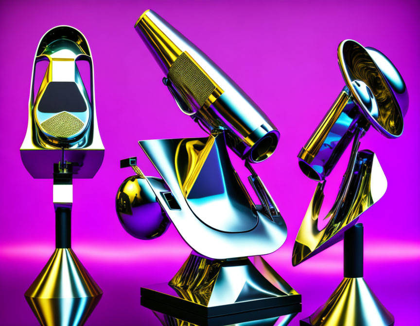 Shiny Metallic Microscopes on Vibrant Purple Background