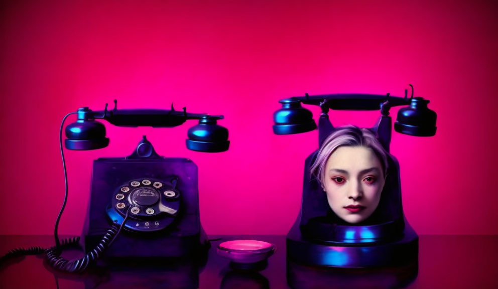 Surreal vintage black telephone with human head on pink background