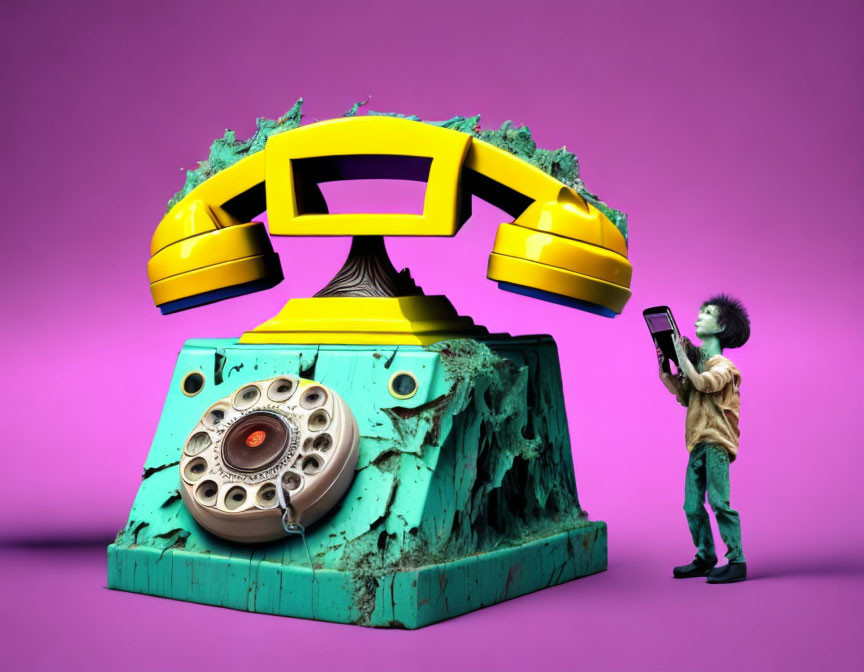 Person with Afro Hairstyle Gazes at Colorful, Corroded Rotary Phone