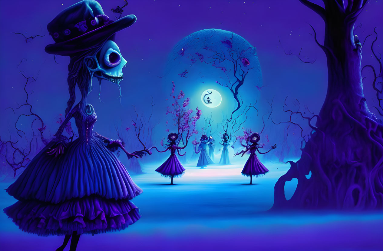 Skeletal figure in dress and hat with dancing figures under crescent moon in purple fantasy landscape