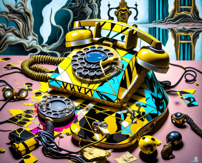 Surreal painting featuring stacked vintage rotary phones