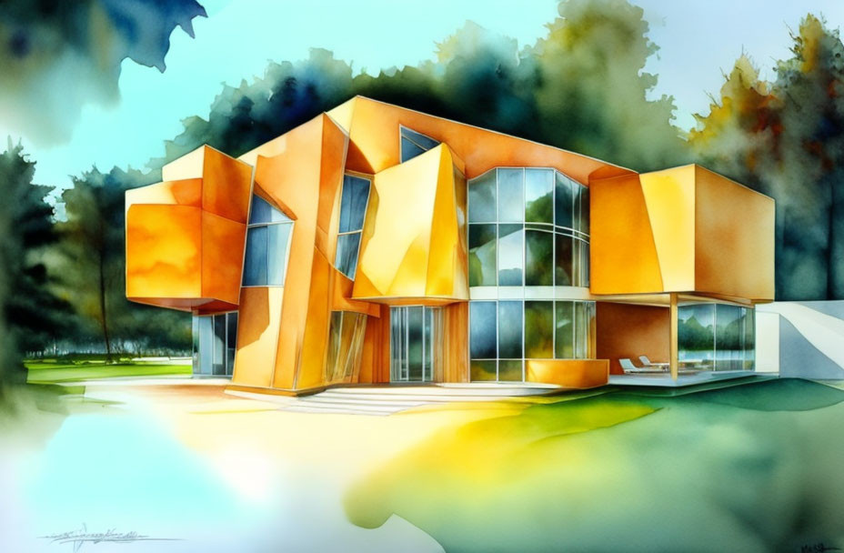 Modern geometric house in watercolor painting with large windows and lush landscape.