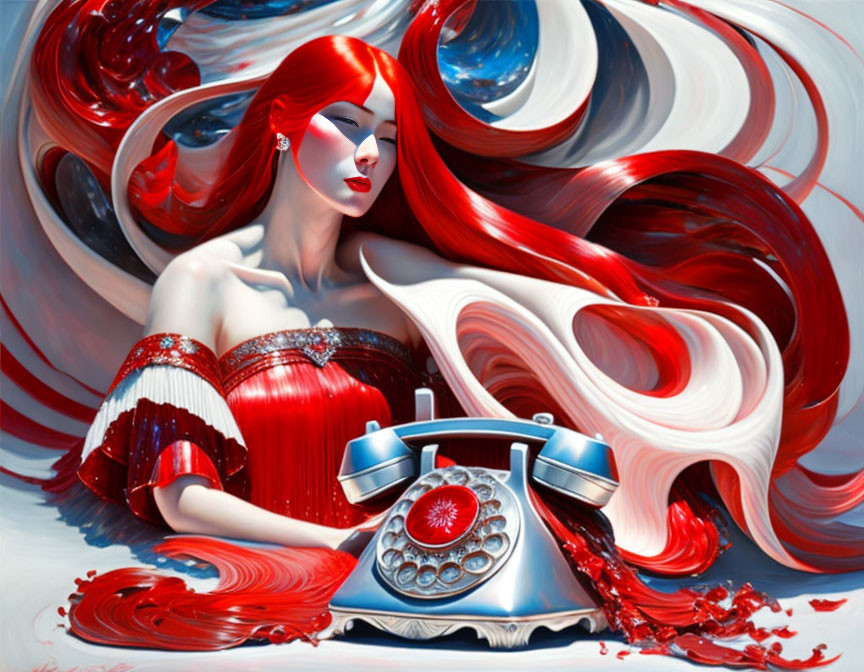 Vibrant red-haired woman in red dress with abstract swirls and classic telephone in red, white