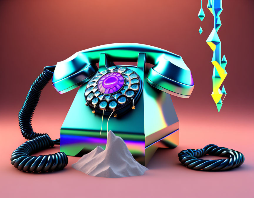 Vibrant surreal artwork: vintage telephone with distorted structure on pink background