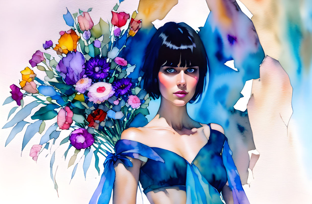 Stylized portrait of woman with blue eyes, bob haircut, vibrant flowers, watercolor blend