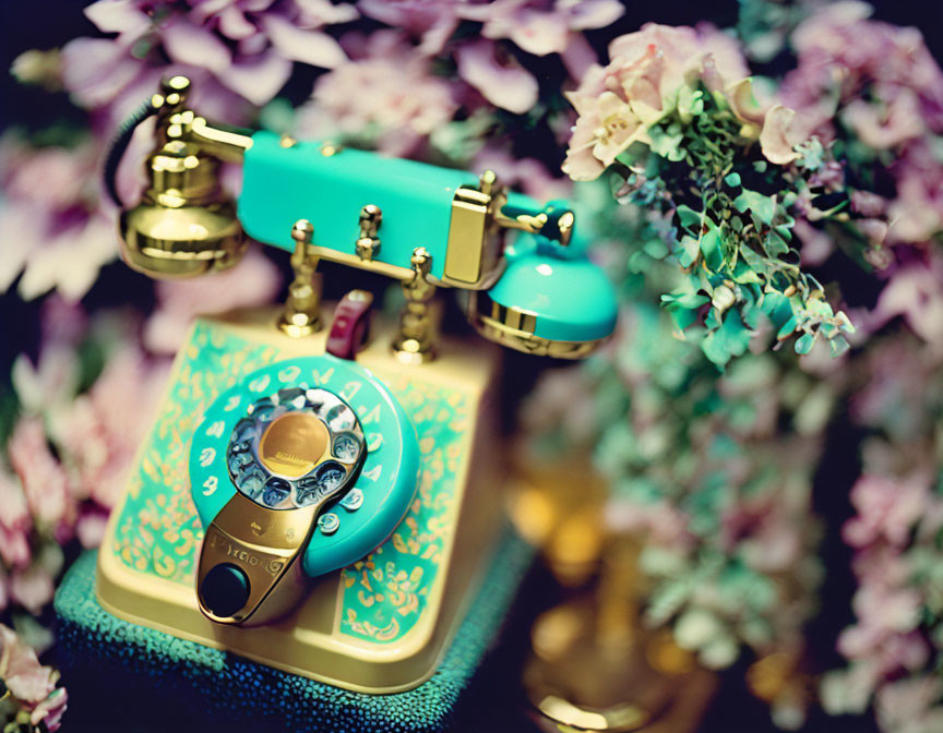 Vintage Turquoise Rotary Phone with Ornate Details and Pink Flowers