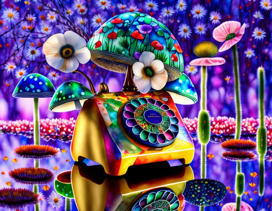 Colorful Psychedelic Artwork with Mushroom-Capped Rotary Phone in Neon Flower Landscape