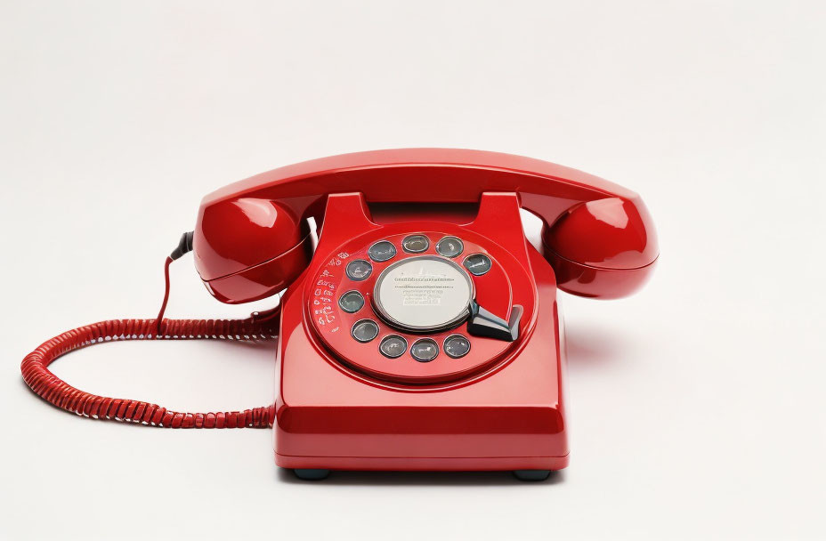 Vintage red rotary dial telephone on white background