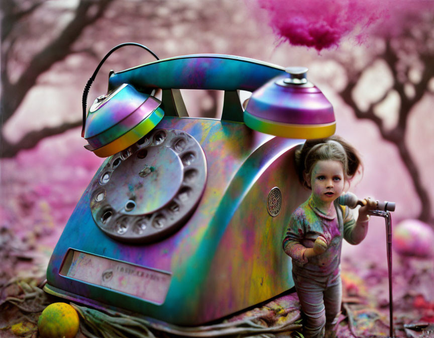 Vintage iridescent telephone with toddler, stick, fruits, and pink foliage