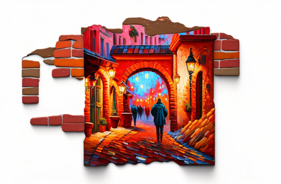 Colorful jigsaw puzzle piece of vibrant street scene against whimsical brick-wall backdrop