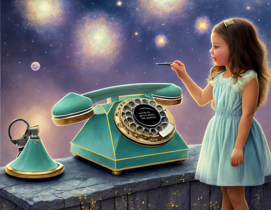 Young girl in blue dress with vintage telephone in cosmic scene