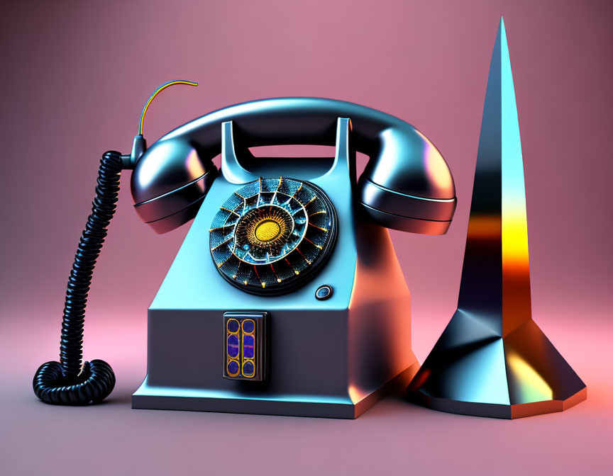 Vintage Telephone with Dial Centerpiece and Colorful Background Next to Triangular Sculpture