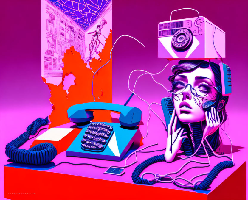 Retro-futuristic woman with headpiece surrounded by vintage electronics on purple and red background