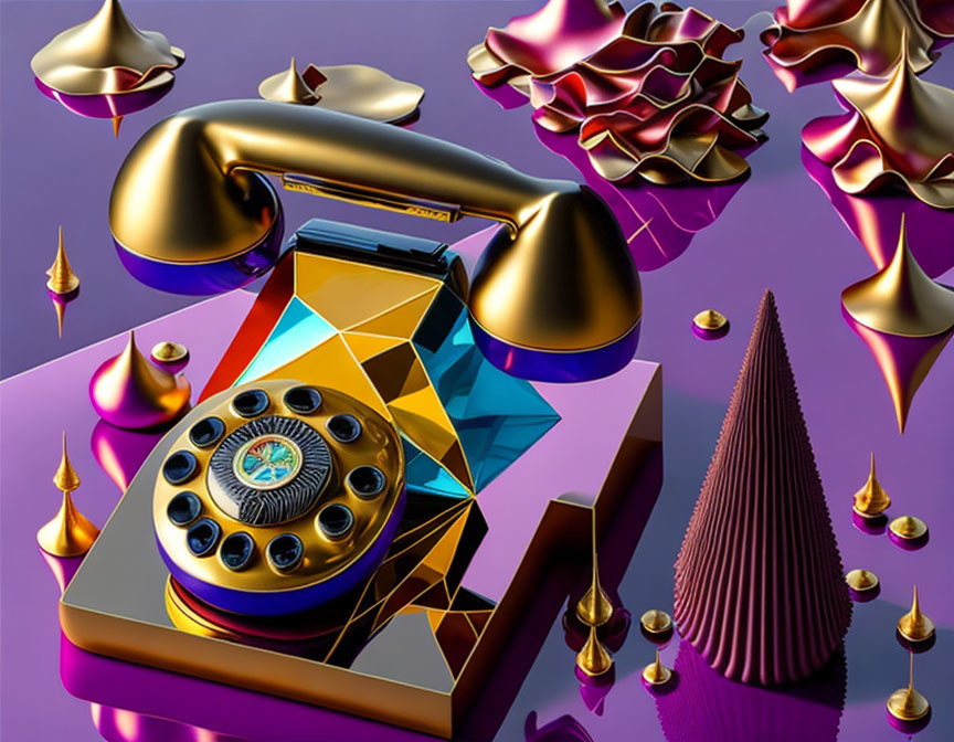 Abstract retro golden rotary phone on multicolored geometric base with floating gold and purple shapes