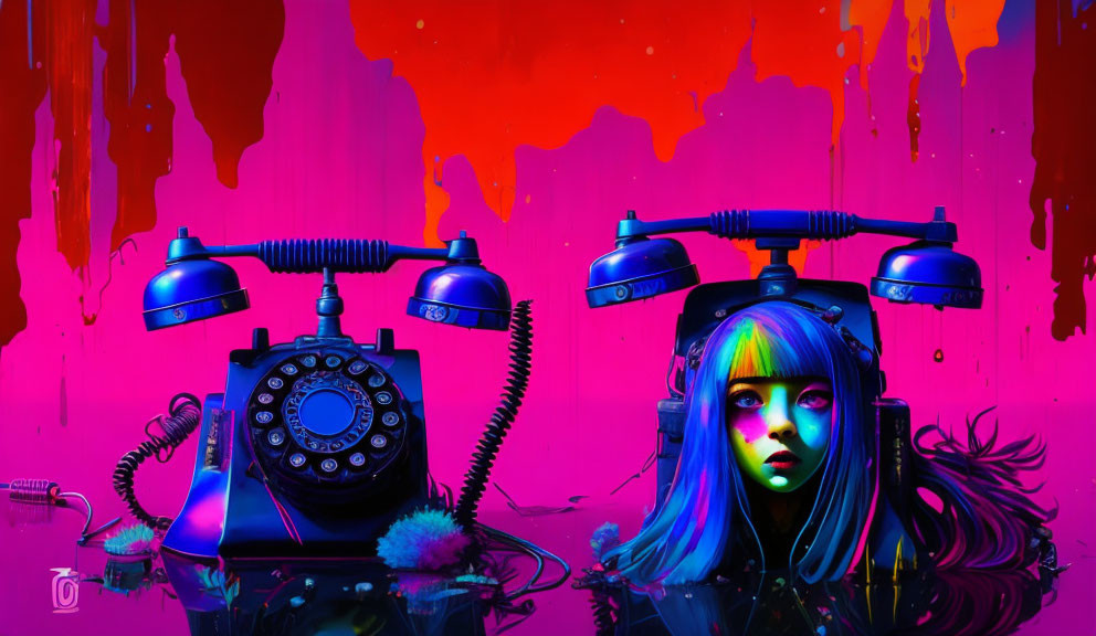 Colorful digital artwork of futuristic girl with blue hair and rotary phones on vivid backdrop.