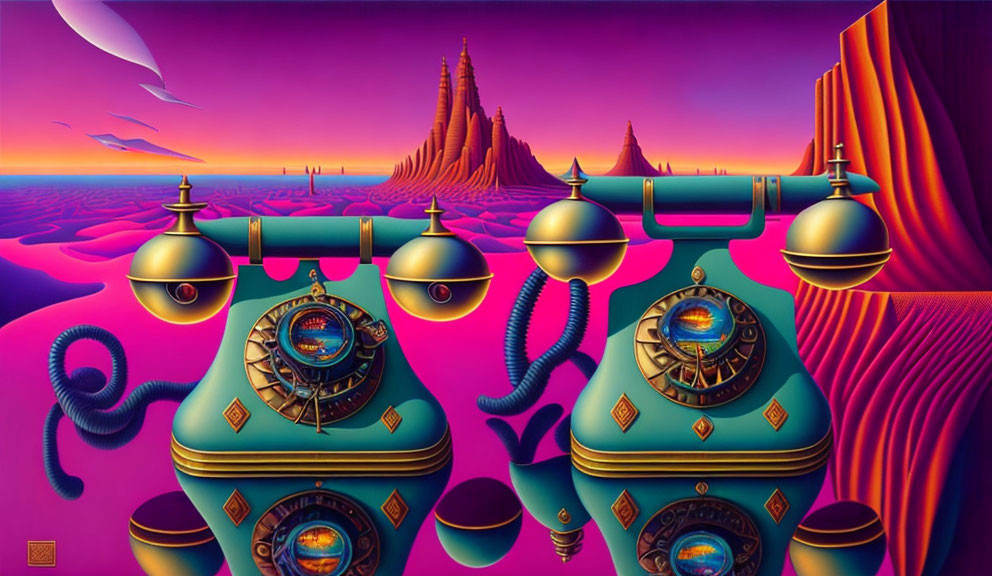 Surreal landscape with purple and pink hues and metallic telephone-like structures in desert with crescent moon