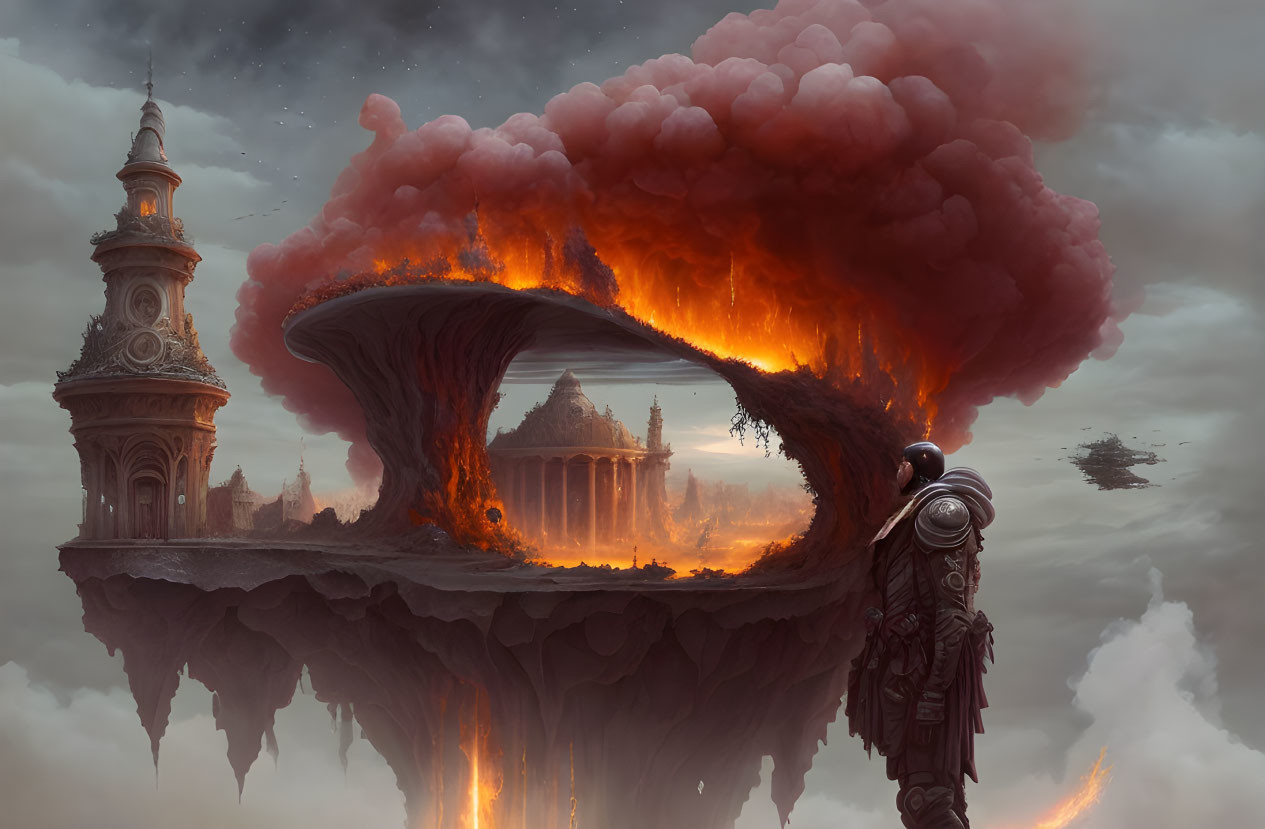 Surreal landscape with floating island, flaming architecture, observer, and airships