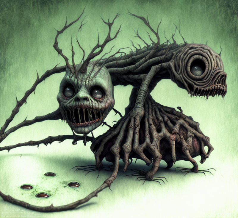 Surreal Artwork: Tree-like creatures with human faces in eerie expressions on greenish background.