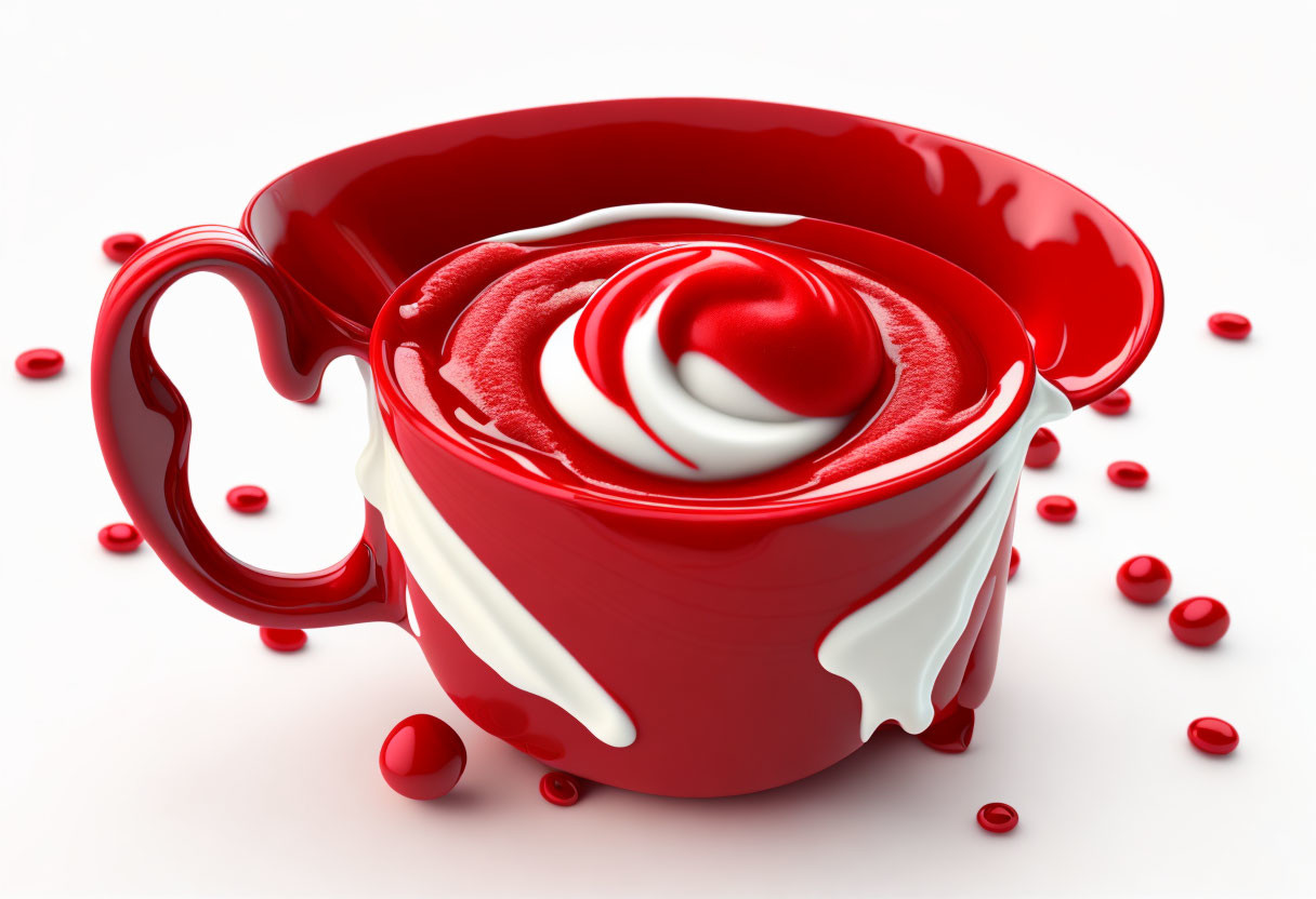 Red Cup with Whimsical Swirl Design and Painted Rose Motif