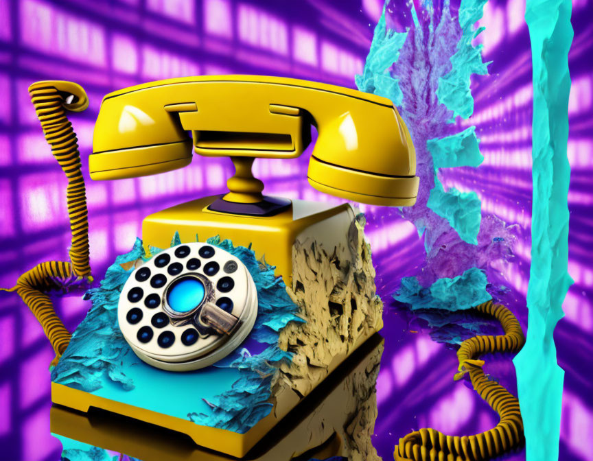 Abstract composition featuring yellow rotary phone on crumbling pedestal against purple backdrop.