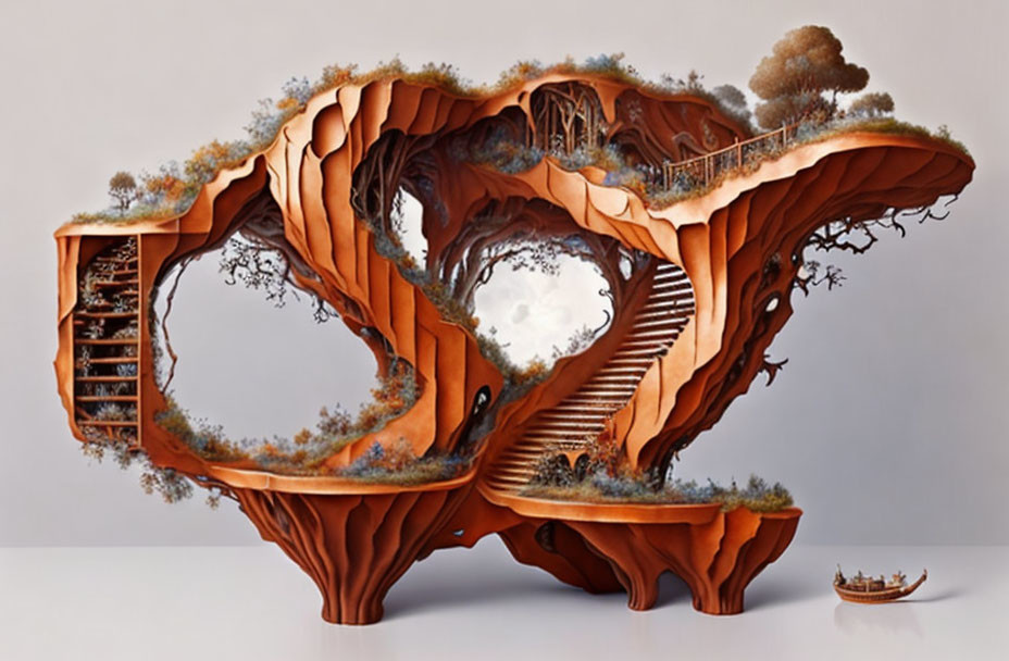 Fantastical tree sculpture with staircases, arches, and boat