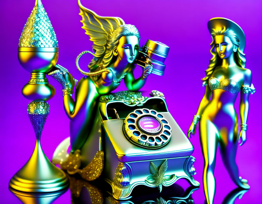 Surreal digital artwork with metallic figures and classic objects on purple backdrop