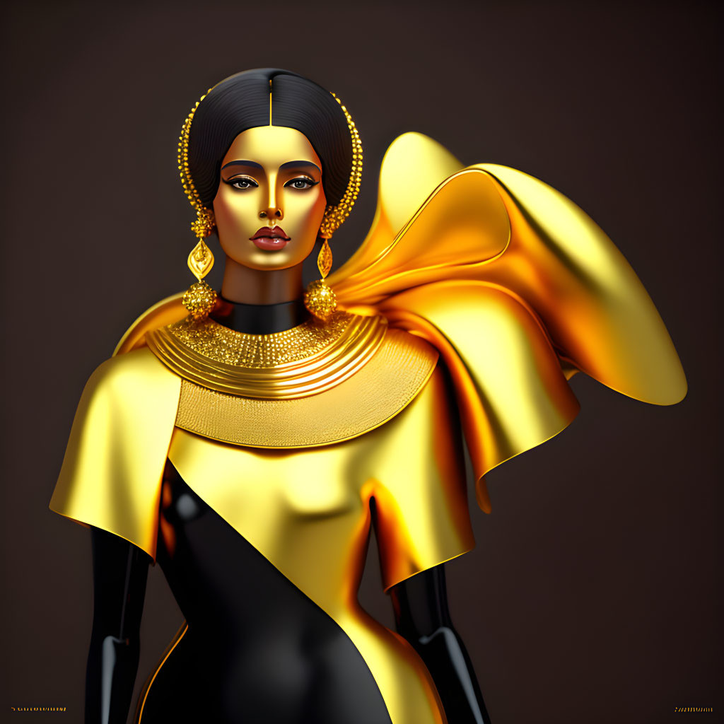 Digital artwork featuring woman in golden jewelry and yellow garment on brown background