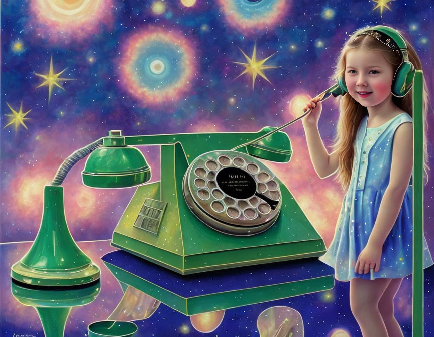 Young girl smiling with vintage green telephone against cosmic background