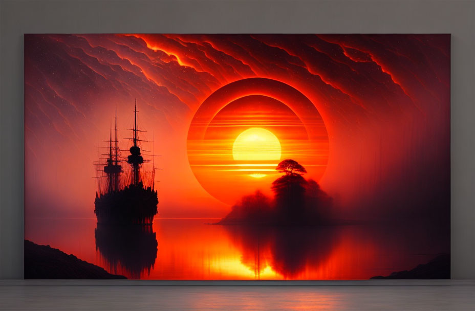 Silhouetted ship and islet against dramatic red sun setting over sea