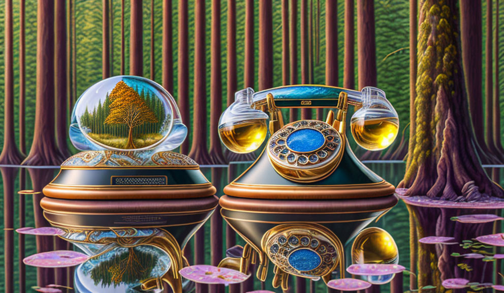 Digital art: Vintage phone & snow globe in fantastical forest