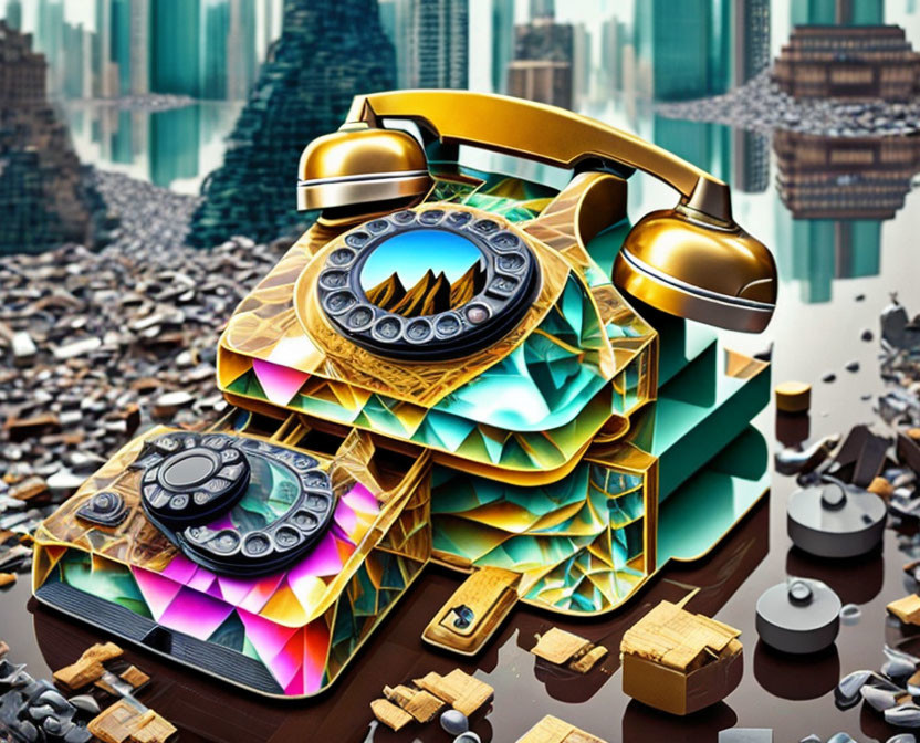 Vibrant surreal digital art: vintage telephones in fantastical cityscape.