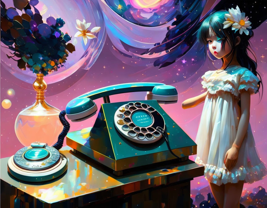 Whimsical artwork of young girl with flower dress and rotary phone