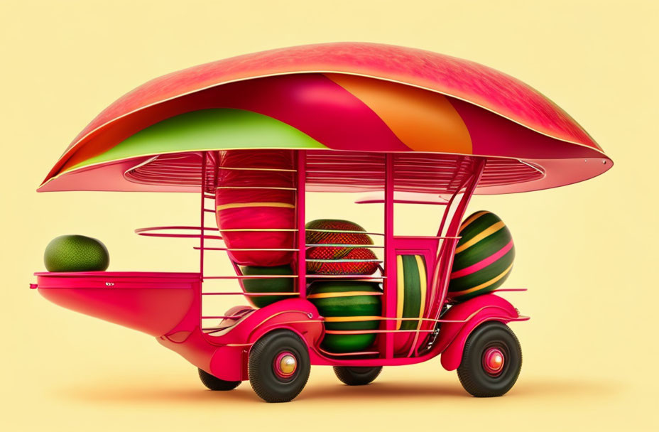 Colorful sliced fruit cart carrying watermelons on pastel yellow background