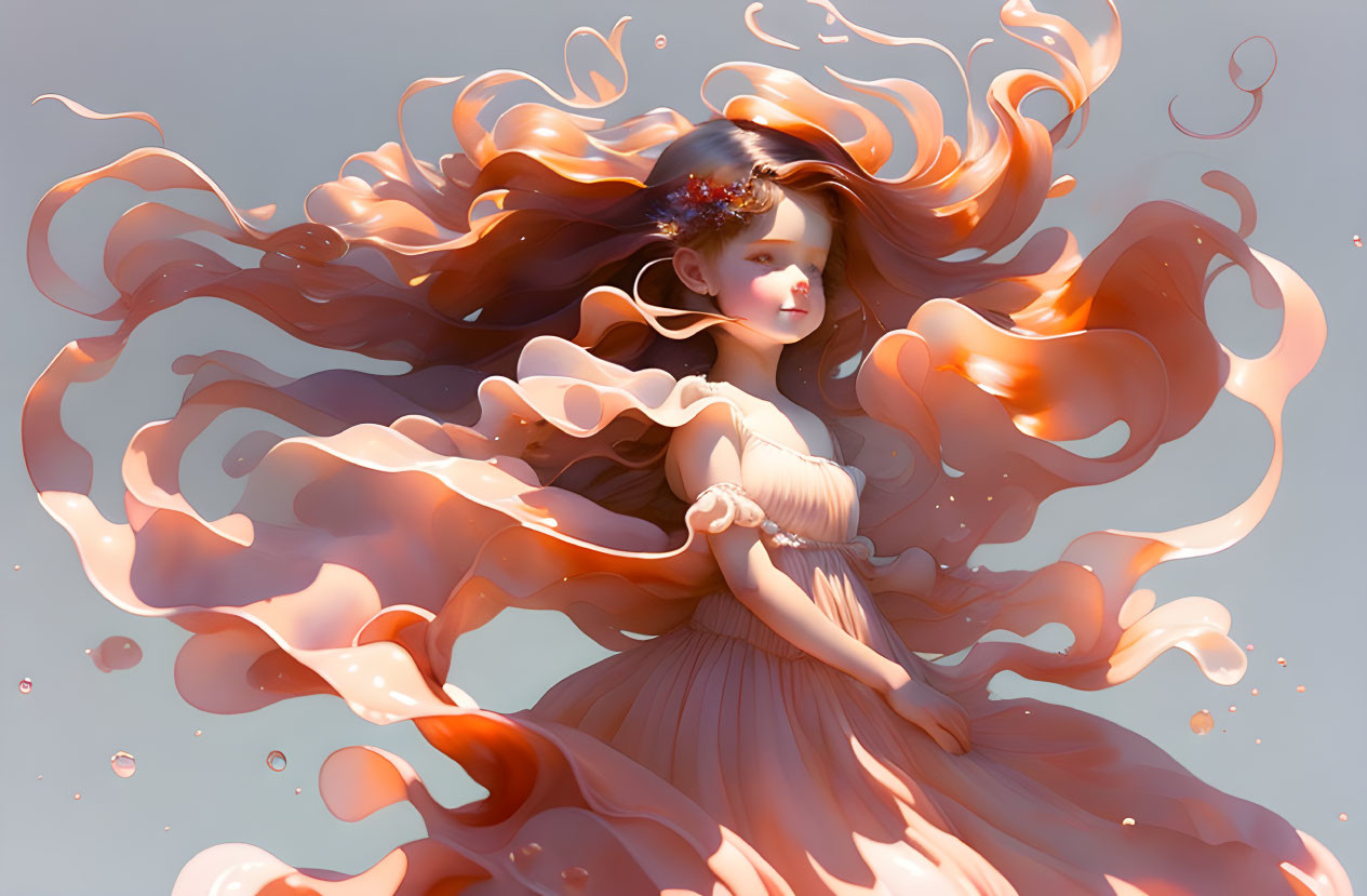 Digital illustration: Serene woman in coral attire with flowing hair in ethereal setting