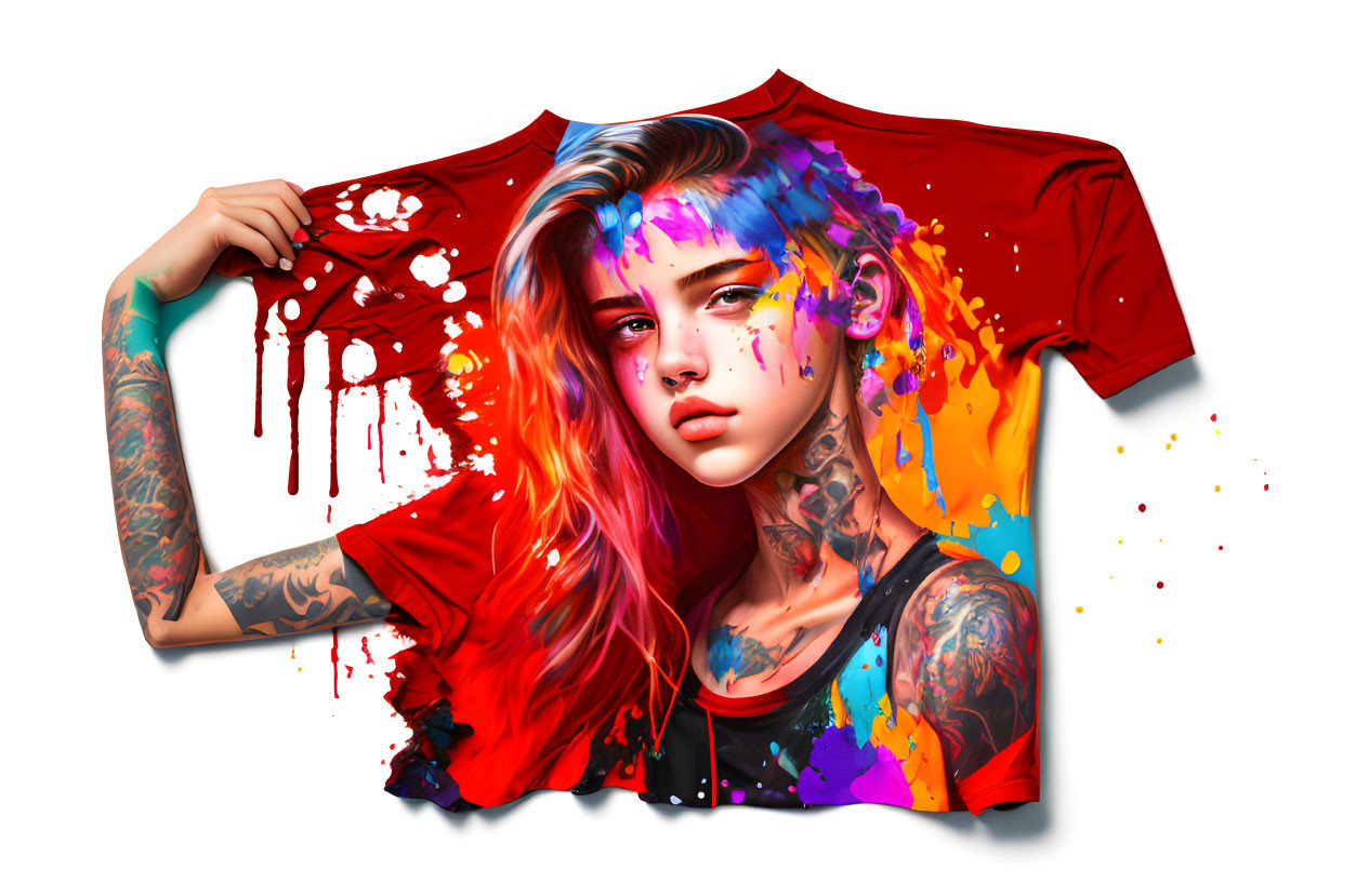 Colorful tattooed woman merged with splash-painted red t-shirt.