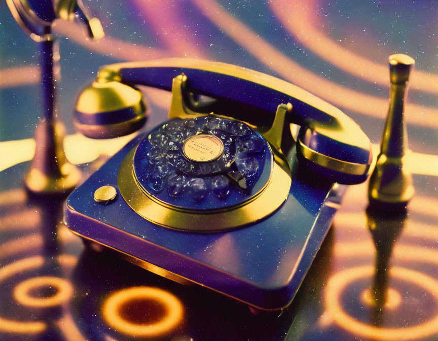 Vintage Blue Rotary Telephone on Cosmic Starry Background