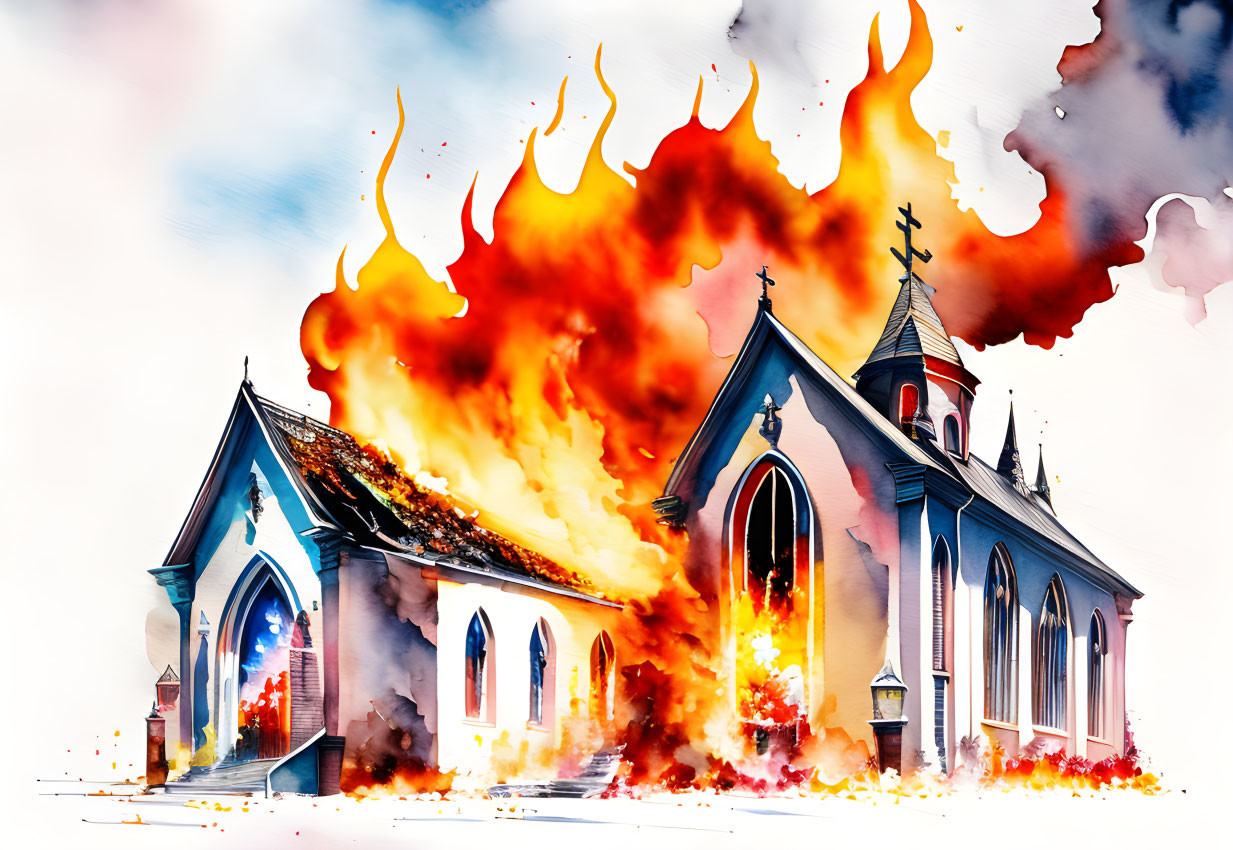 Watercolor painting of church on fire with fiery and smoky effects