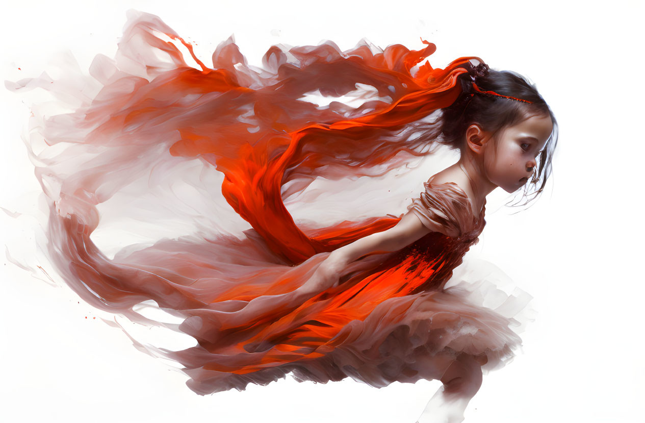 Young girl in red dress merging with abstract smoke on white backdrop