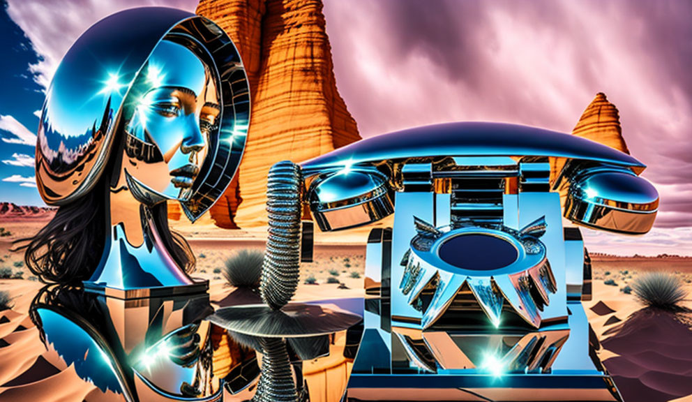 Surreal digital art: robotic woman's head, abstract structure, desert landscape