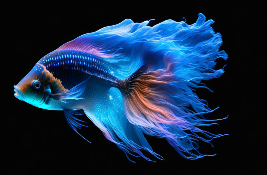 Neon Blue and Purple Betta Fish Art on Black Background