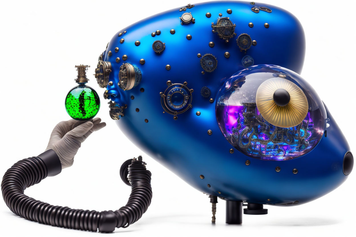 Surreal image: Mechanical arm with green flask & steampunk blue organ