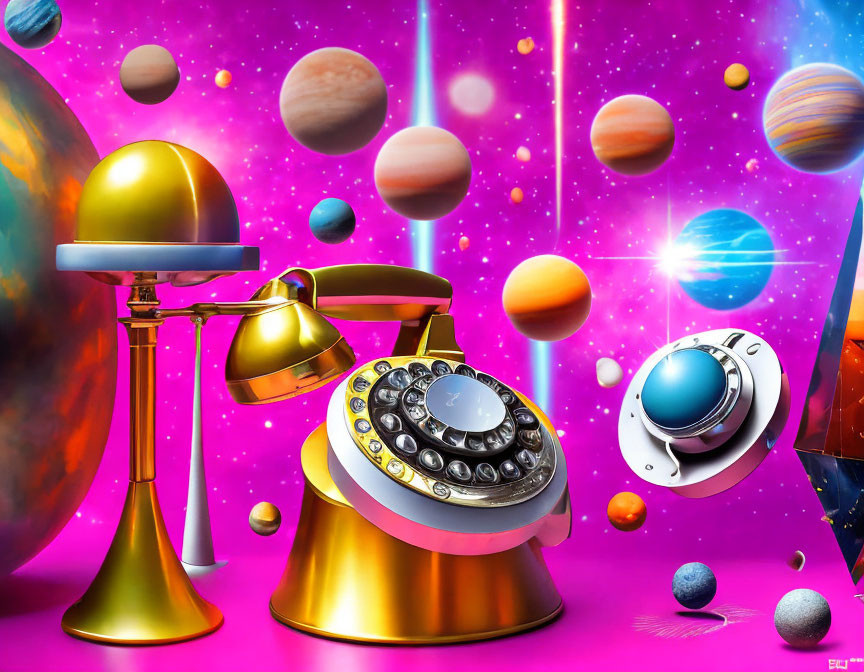 Colorful vintage rotary phone and lamp in cosmic setting with planets and stars