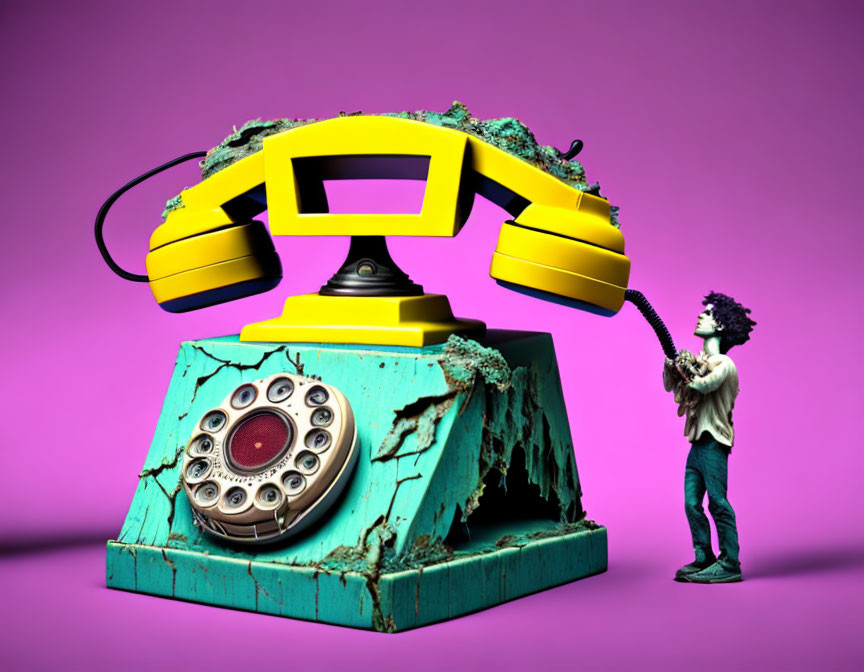 Decayed yellow rotary phone with tiny human on purple background