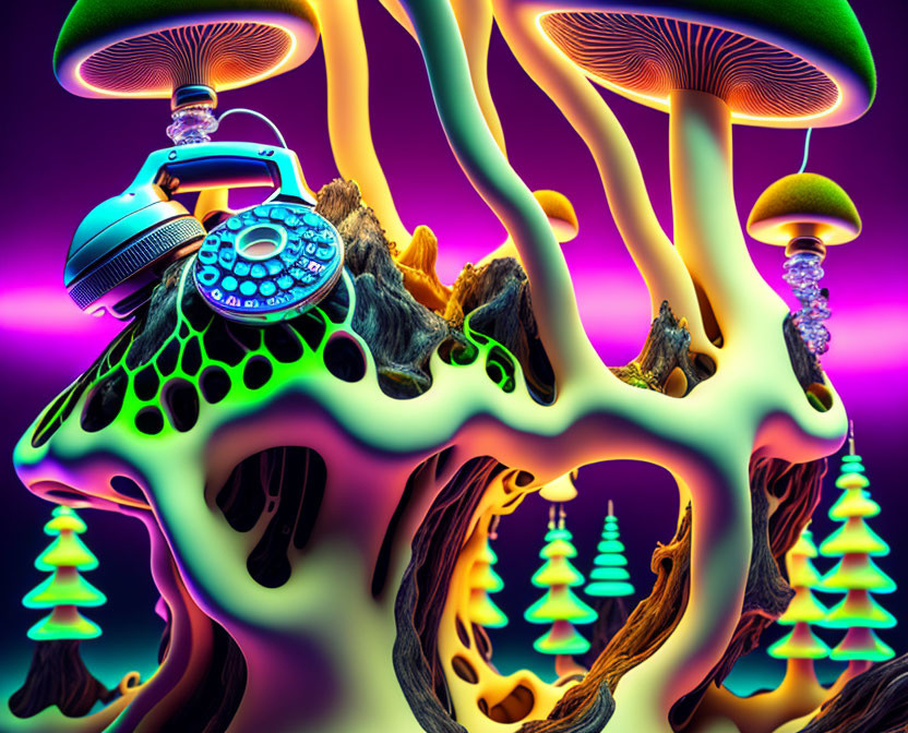 Colorful Psychedelic Illustration with Mushroom Structures and Rotary Phone