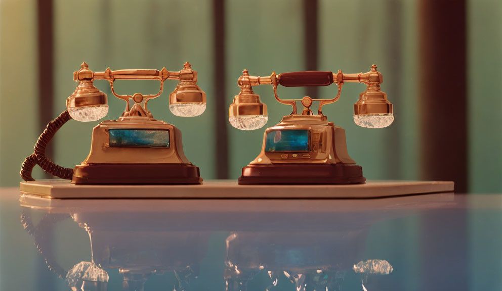 Vintage Telephones with Golden Finishes on Reflective Surface Against Blurred Background