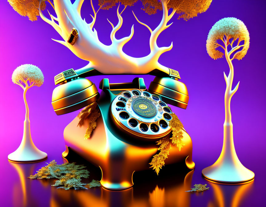 Vintage rotary phone with golden accents in surreal setting.