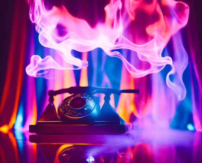 Vintage rotary phone surrounded by multicolored smoke on vibrant background