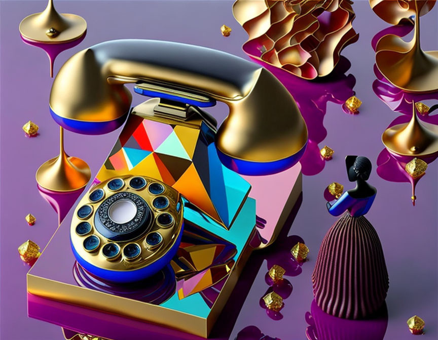 Colorful geometric vintage phone with melting elements on purple background