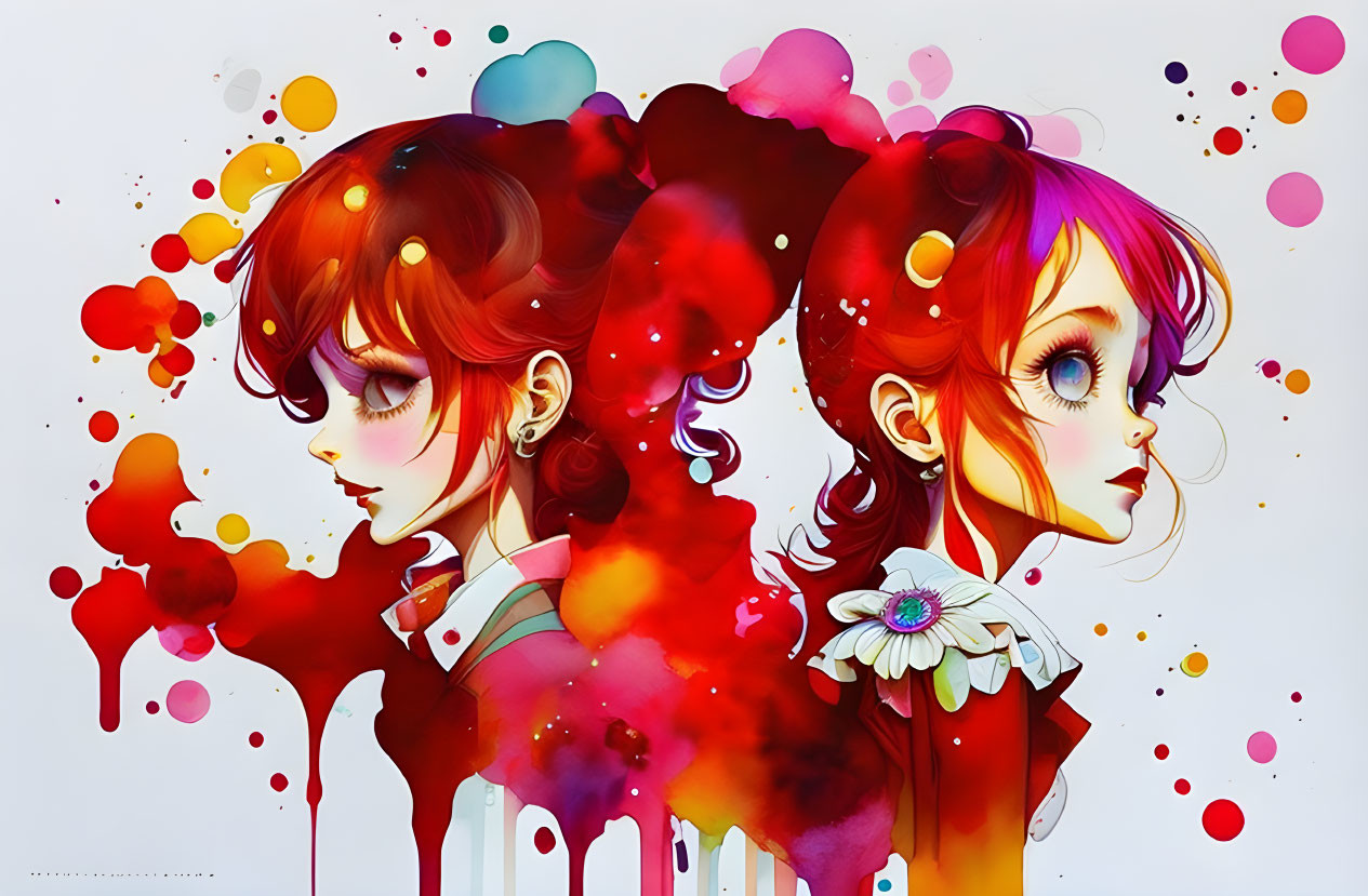 Stylized female figures with vibrant, multicolored hair in abstract art